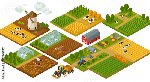 Isometric farm landscape with fields, barn, windmill, greenhouse, and tractor