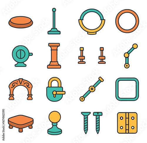 Linear antique icon set featuring compass, column, balance, wheels, lock, hinges, and tools symbols