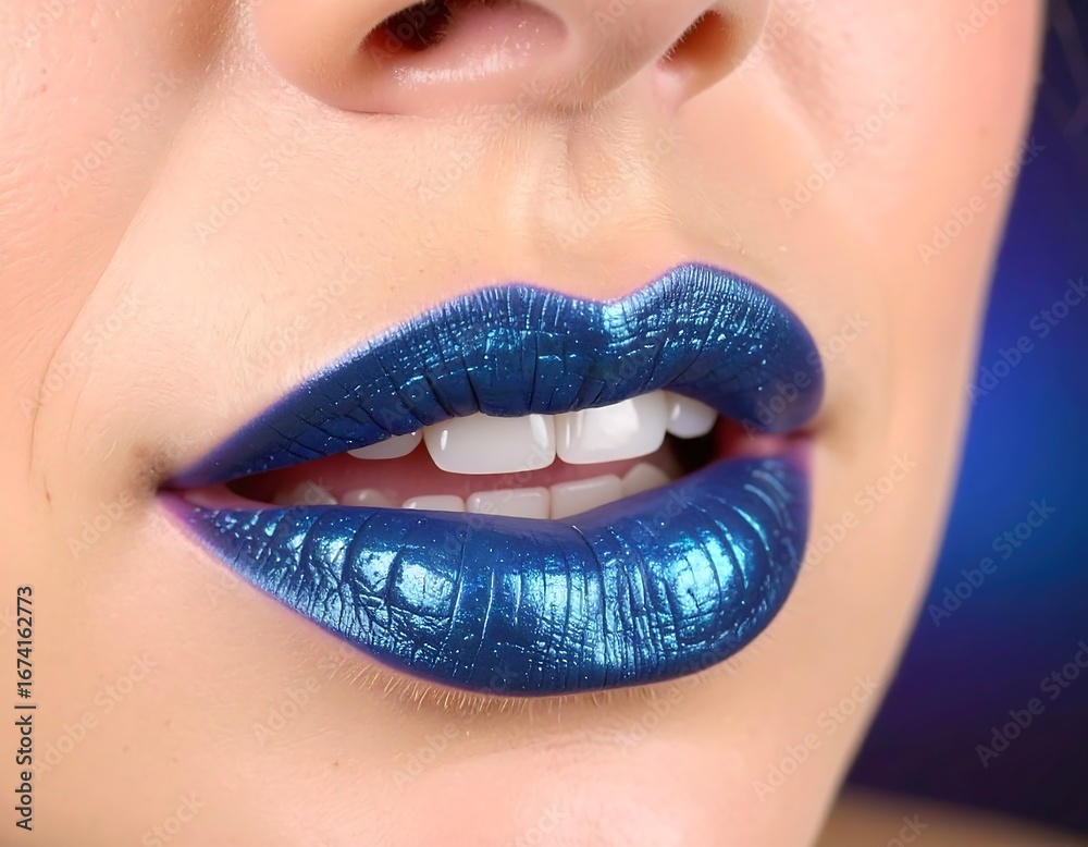 Obraz premium Close-up of woman's lips with vibrant blue metallic lipstick