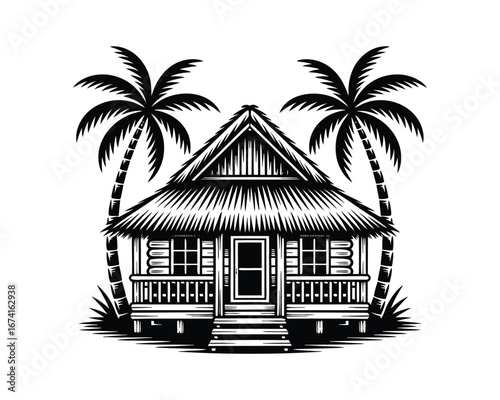 Tropical Beach Hut with Palm Trees
