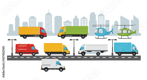 Urban transportation scene with colorful trucks and helicopters in flat style
