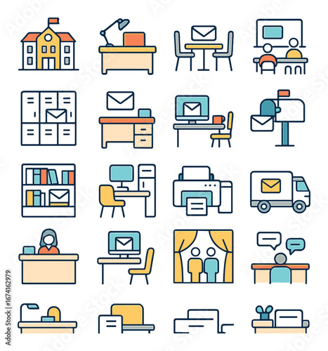 Linear office and school icon set featuring desk, computer, bookshelf, printer, mailbox, and classroom symbols