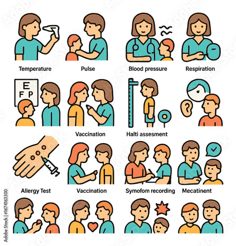 Flat medical icons set featuring temperature, pulse, blood pressure, respiration, vaccination, allergy test