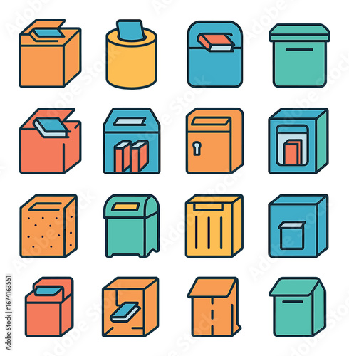 Flat voting icon set featuring ballot box, vote, election, referendum, and polling symbols