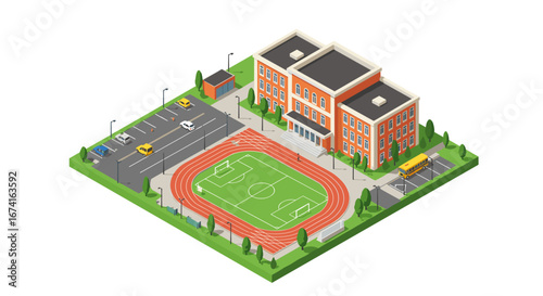 Isometric school building with track, soccer field, and parking area