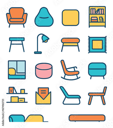 Linear furniture icons set featuring chair, sofa, table, lamp, bookshelf, and cushion symbols