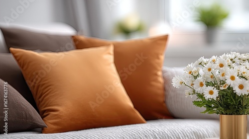 A bouquet of white flowers enhances the inviting atmosphere of a bedroom with soft textures and warm colors, creating tranquility