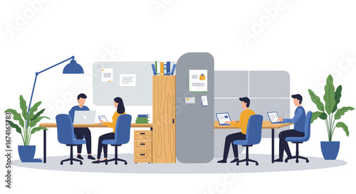 Modern office workspace design with collaborative team in flat style