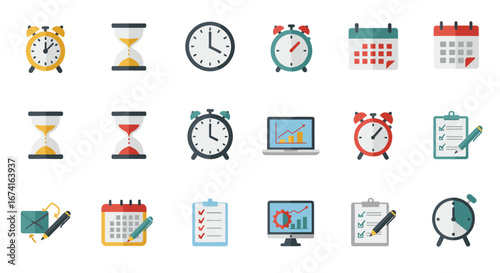 Flat design icons of clocks, calendars, and productivity tools