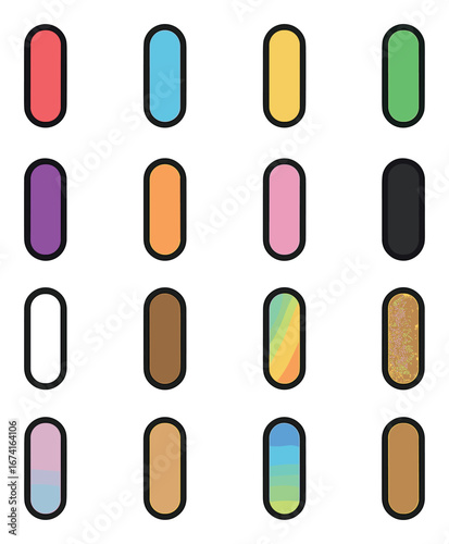 Flat color icon set featuring red, purple, blue, orange, yellow, pink, green, black, brown, gold buttons
