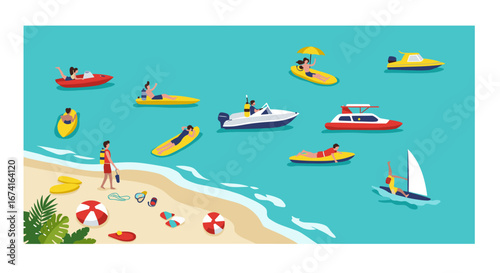 Colorful summer beach and boats scene with people relaxing and enjoying water activities