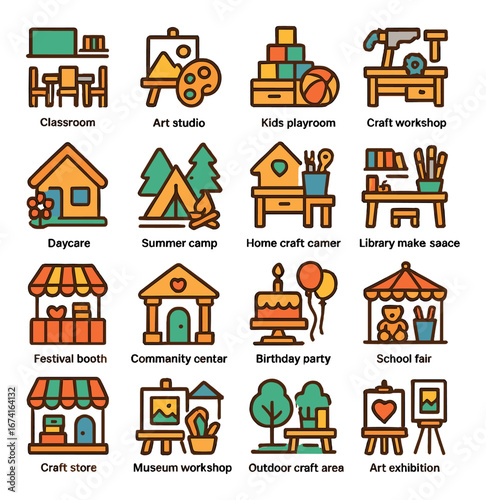 Flat education icon set featuring classroom, art studio, kids playroom, craft workshop, daycare, summer camp