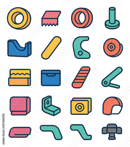 Flat craft tool icon set featuring tape, cutter, glue, roller, brush, helmet, and stapler symbols