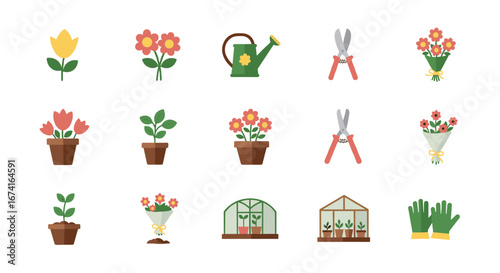 Colorful garden tools and plants icon set for gardening enthusiasts