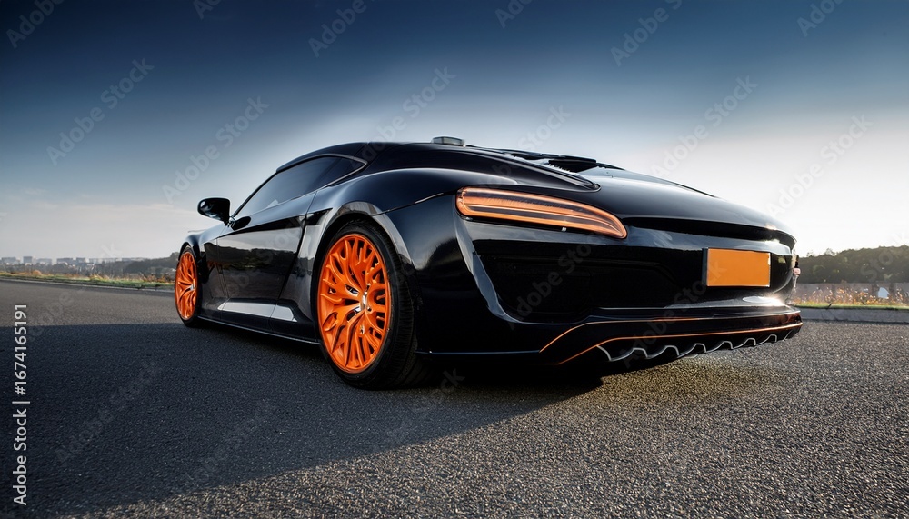 Fototapeta premium sleek dark sports car with vibrant orange rims