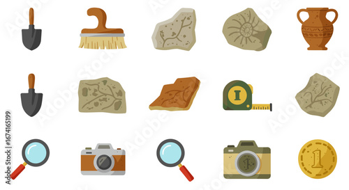 Archaeology tools and artifacts set with fossils, brushes, and cameras in flat design