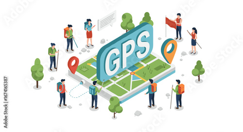Isometric hiking adventure with gps navigation and map pins