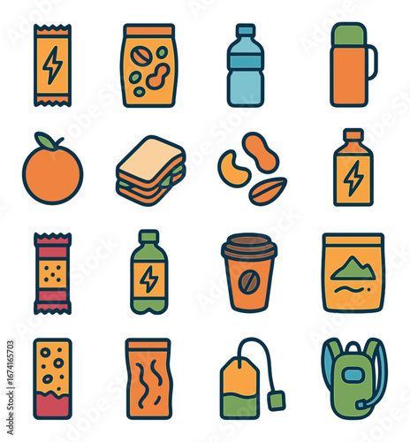 Linear icon set for hiking featuring snacks, drinks, fruit, sandwich, and backpack symbols