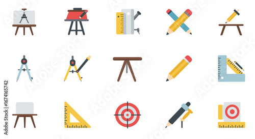 Colorful set of drafting tools and art supplies icons on white background