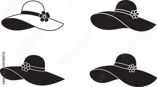 Four elegant wide brimmed sun hats silhouette