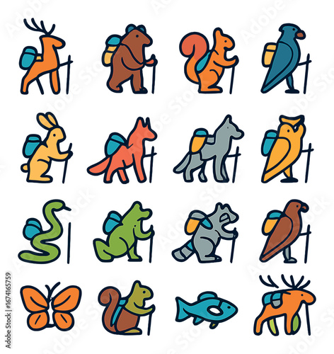 Linear forest hiker animals icon set featuring deer, bear, squirrel, bird, rabbit, fox, and owl