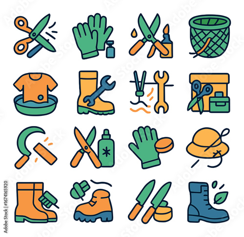 Linear gardening icon set featuring scissors, gloves, boots, hammer, basket, watering can, and plant symbols