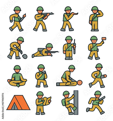 Flat military icon set featuring soldier, sniper, salute, grenade, map, radio, tent, and climbing symbols