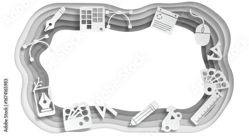 Creative design tools and elements arranged in a stylish white frame