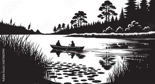 Silhouette of two people in a rowboat on a lake surrounded by trees and reeds water