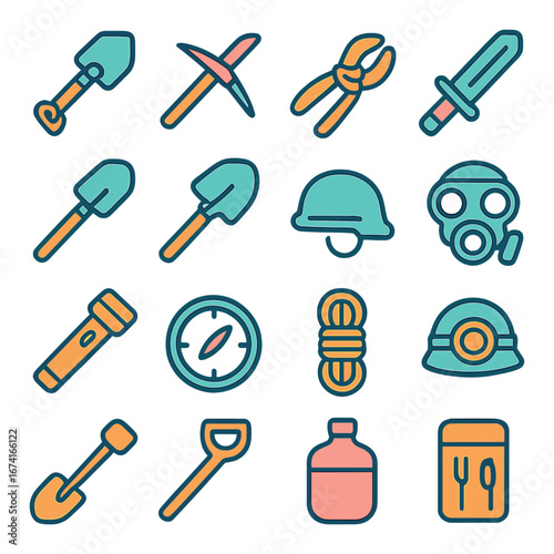 Linear camping icon set featuring shovel, pickaxe, pliers, knife, helmet, lantern, compass, rope, canteen, and utensils