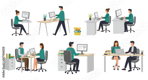 Modern office scene with professionals collaborating and working on computers