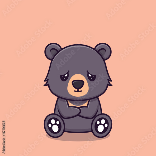 Sad Sun Bear Cartoon Mascot Sitting with a Frown Adorable but Unhappy Character Expressing a Negative Emotion