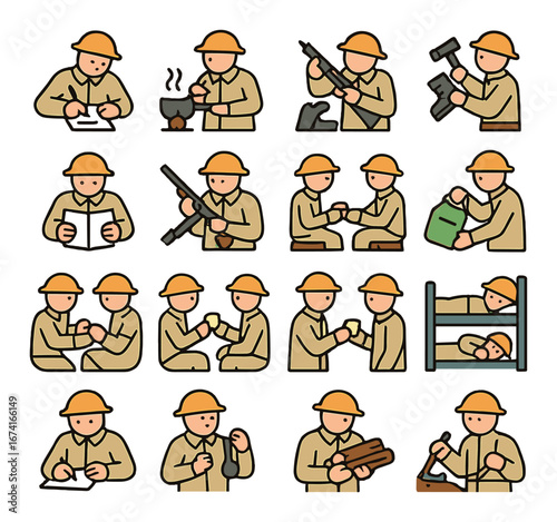 Flat military icon set featuring soldier, cooking, rifle, communication, sleeping, and handshake symbols