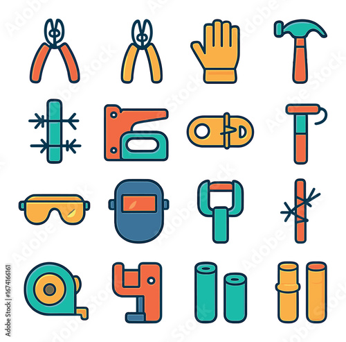 Flat construction tools icon set featuring hammer, pliers, gloves, saw, tape measure, goggles, drill, weld