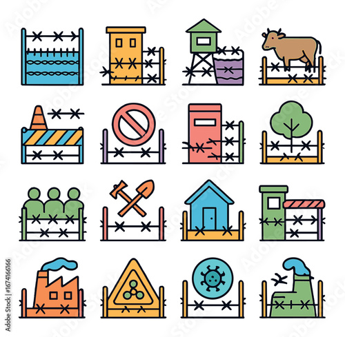 Linear danger icon set featuring nuclear, virus, factory, construction, tree, and traffic symbols