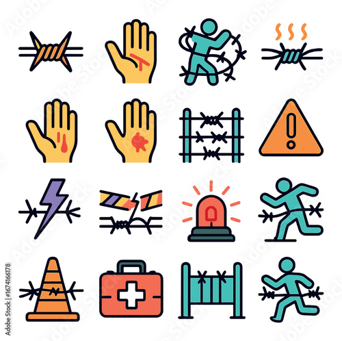 Linear safety icon set featuring barbed wire, injured hand, warning, caution, emergency, and medical kit symbols