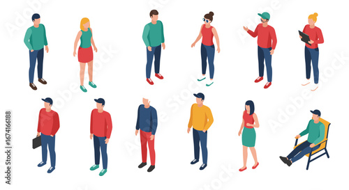 Isometric people in various poses and outfits engaging and interacting