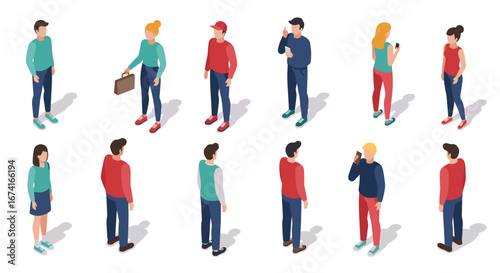Diverse isometric people engaged in conversations and activities