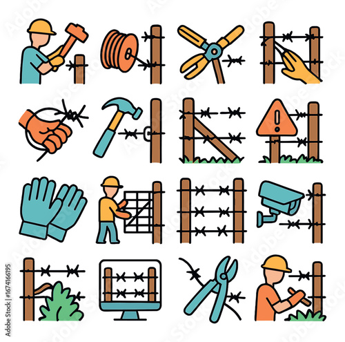 Linear construction safety icon set featuring hammer, fence, gloves, warning sign, and surveillance symbols