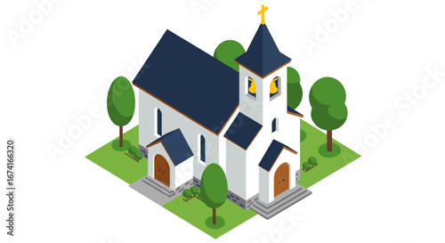 Charming isometric church with trees and pathway on white background