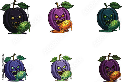 Evil cartoon plums with glowing eyes, sharp teeth, colored ooze, fantasy fruit monsters, spooky vector characters for game design