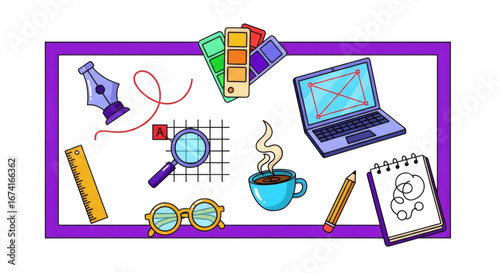 Creative desk items including laptop, coffee cup, and color palette