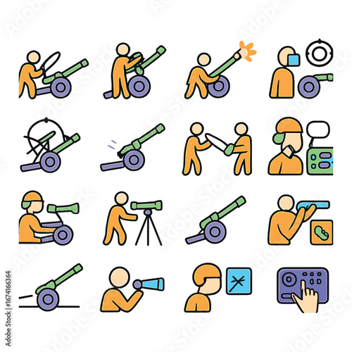 Linear military icon set featuring cannon, soldier, binoculars, telescope, and radar symbols