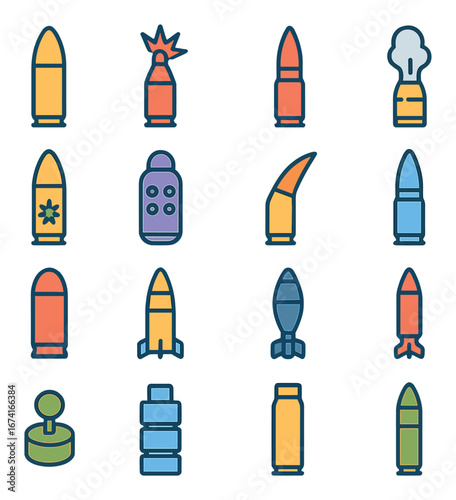 Linear weaponry icon set featuring bullet, shell, rocket, bomb, and missile symbols