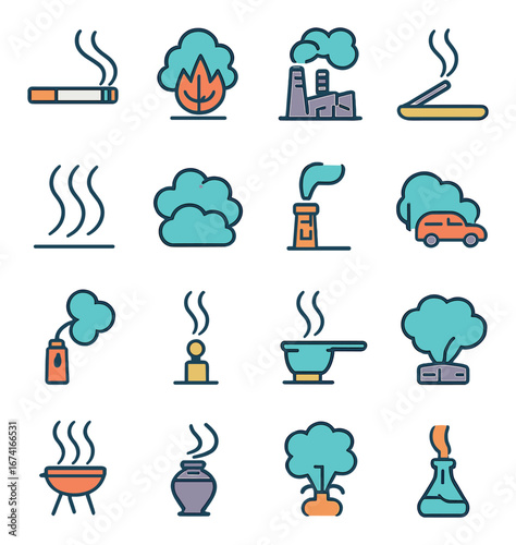 Linear pollution icon set featuring cigarette, fire, factory, car exhaust, smoking, and more symbols