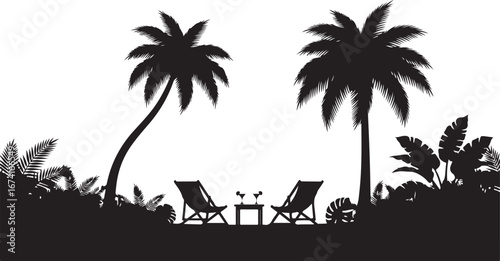 Tropical Beach Silhouette with Palm Trees Chairs and Drinks vector illustration