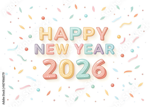 Happy New Year 2026 vibrant colorful text with multicolor confetti, pastel festive celebration, joyful holiday party, retro elegant minimalist, JPG file