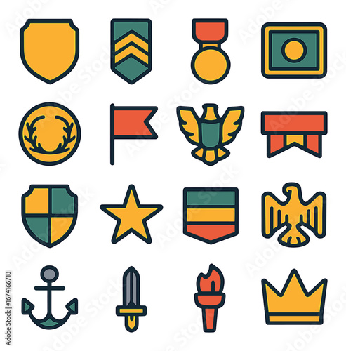 Flat military icon set featuring shield, medal, flag, eagle, star, badge, anchor, sword, torch, crown