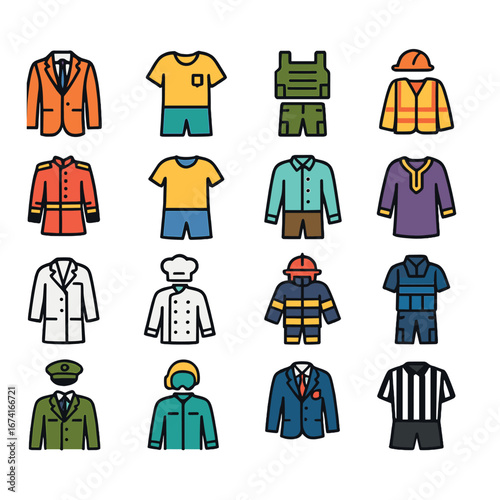 Linear occupation icon set featuring firefighter, chef, police, doctor, pilot, referee, and construction symbols