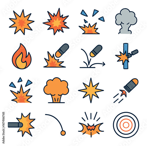 Flat explosion icon set featuring bomb, burst, fire, missile, smoke, and blast symbols